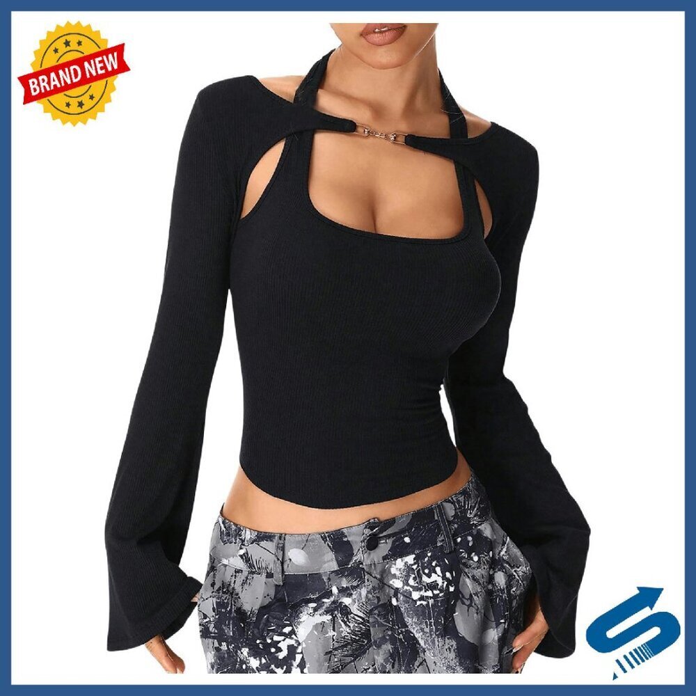 Long Sleeve Halter Neck Crop Top Slim Fit Y2K Going Out Tee